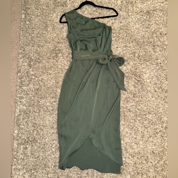 Bodycon Dress Sleeveless One Shoulder Wrap Satin Belted Cocktail Midi Dress - Picture 2 of 2